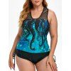 Maillot de Bain Tankini Pieuvre Imprimée en Résille Insérée de Grande Taille au Dos Nageur - Bleu clair 3X