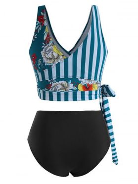 Striped Panel Floral Side Boning Surplice Tankini Swimwear
