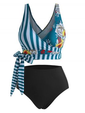 Striped Flower Swimsuit Full Coverage Surplice Knot Tankini Swimwear Set