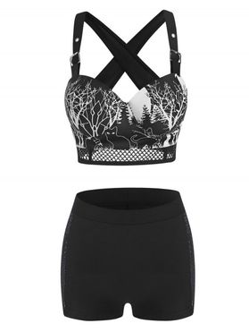 Branch Print Buckled Fishnet Panel Push UpTankini Swimwear