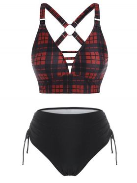 Ring Ladder Cutout Side Cinched Plaid Tankini Swimwear