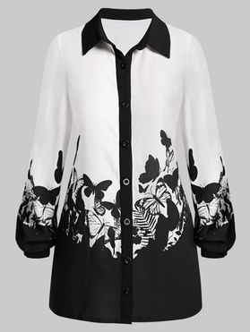 Plus Size Button Up Long Sleeve Butterfly Print Blouse
