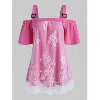 

Plus Size Cold Shoulder Lace Overlay T Shirt, Light pink