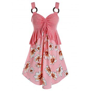 

Plus Size Flower Print Cinched Peplum Curved Tunic Tank Top, Pink