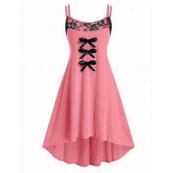 

Plus Size Bowknot Floral Lace Panel Dress, Light coral