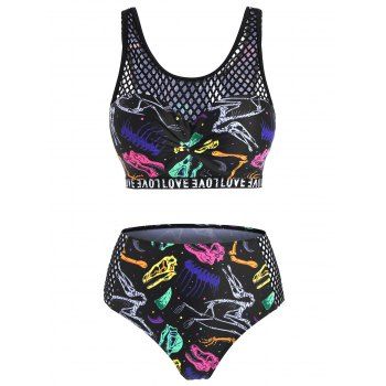 

Fishnet Panel Dinosaur Skeleton Print Push Up Tankini Swimwear, Black