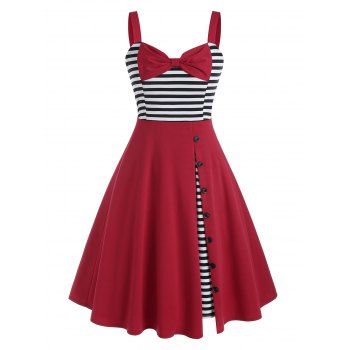

Buttoned Bowknot Striped Panel 1950s Dress, Deep red