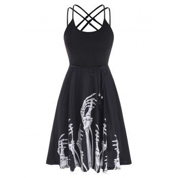 

Skeleton Print Dual Straps Crisscross Dress, Black