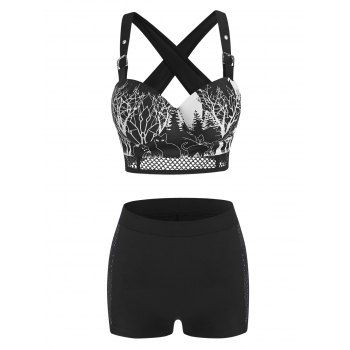 Image of Branch Print Buckled Fishnet Panel Push UpTankini Swimwear