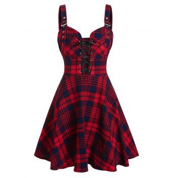 

Plaid Print Lace-up Buckle Corset Style Strap Sleeveless Dress, Red