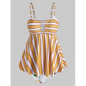 

Plus Size Lattice Striped Sunflower Tankini Swimwear, Yellow