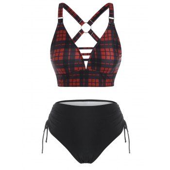

Vintage Swimsuit Ring Ladder Cutout Side Cinched Plaid Tankini Swimwear, Black