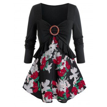 

Plus Size Flower Print Peplum Long Sleeve Tunic Tee, Black