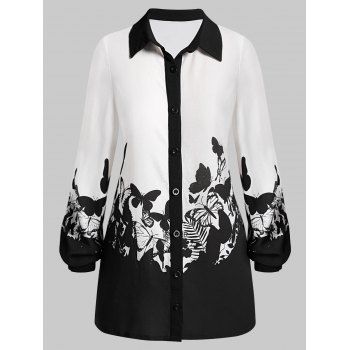 

Plus Size Button Up Long Sleeve Butterfly Print Shirt, Black