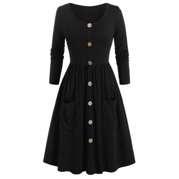 

Plus Size Mock Button Long Sleeve Pocket Midi Dress, Black