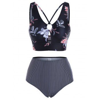 

Striped Floral Print Swimsuit O Ring Corset Cut Out Tankini Swimwear, Black