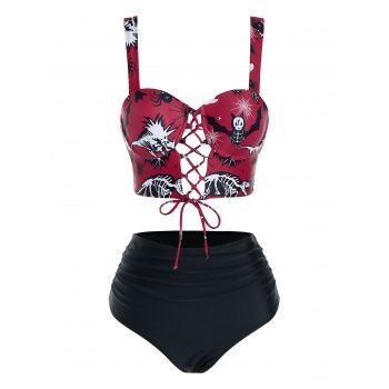 

Bat Skeleton Print Lace Up High Waisted Tankini Swimwear, Red