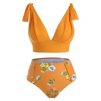 

Tied Shoulder Floral Tankini Swimwear, Saffron