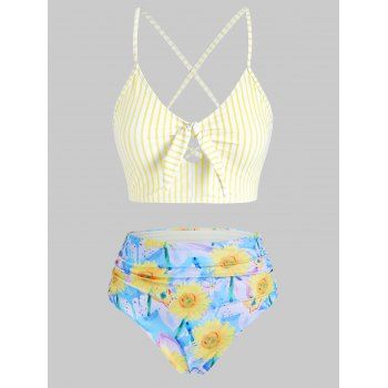 

Vacation Swimsuit Striped Sunflower Crisscross Lace-up Cut Out Reversible Tankini Swimwear, Yellow