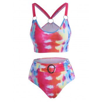 

Tie Dye Tummy Control Swimsuit Rinngs High Rise Tankini Swimwear, Multicolor