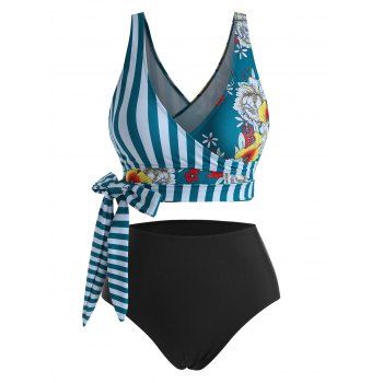 

Striped Flower Swimsuit Full Coverage Surplice Knot Tankini Swimwear Set, Blue