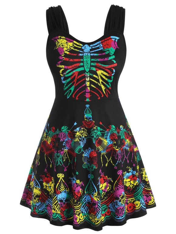 Débardeur d'Halloween Crâne Papillon Fleuri de Grande Taille - Noir 5X