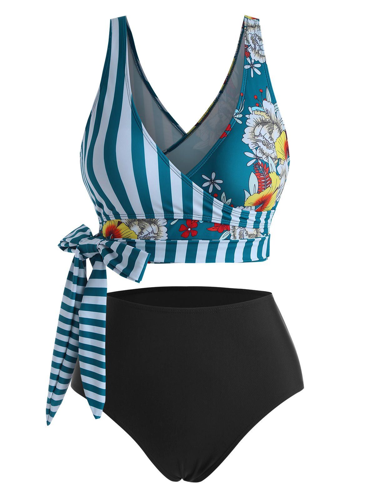 Striped Flower Swimsuit Full Coverage Surplice Knot Tankini Swimwear Set - BLUE 2XL