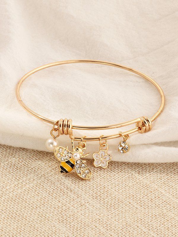 Rhinestone Honey Bee Floral Charm Adjustable Bangle Bracelets - GOLDEN BROWN 