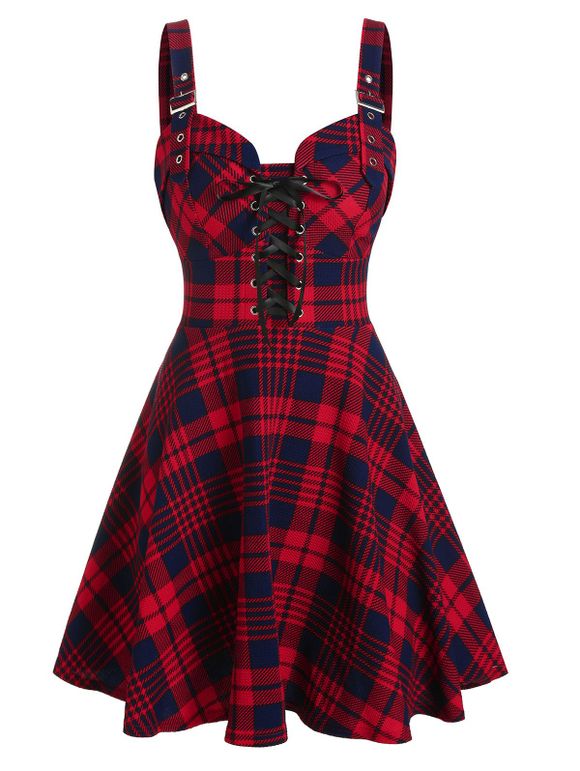 Summer Plaid Print Lace-up Buckle Corset Style Strap Sleeveless Dress - RED XL