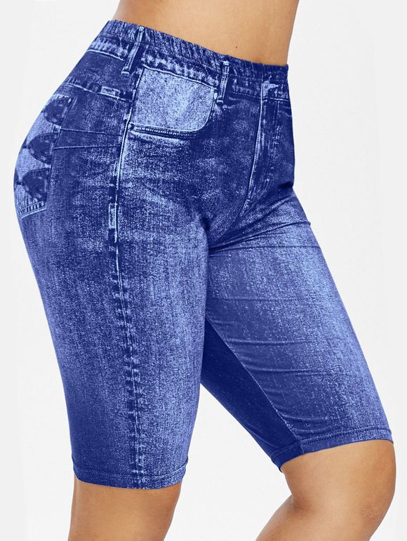 Mini Legging 3D Jean Imprimé à Coupe Haute de Grande Taille - Bleu 5X