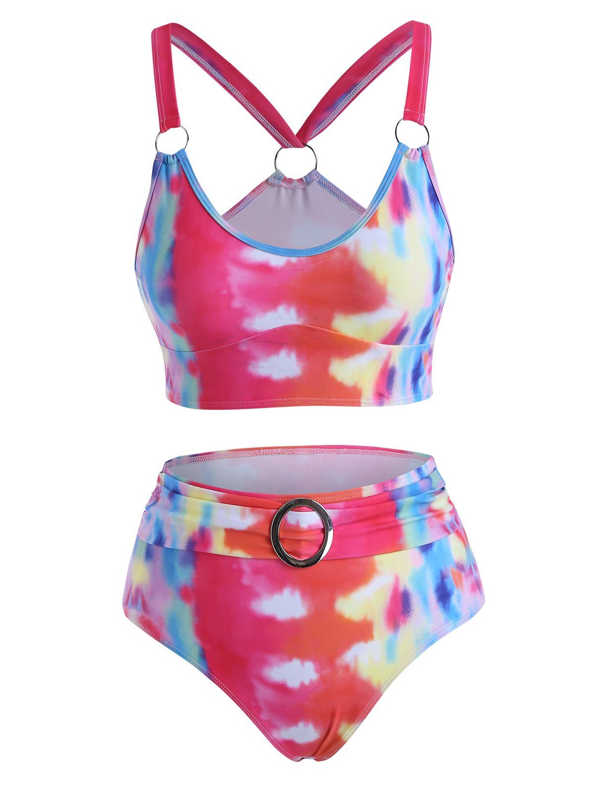Tie Dye Tummy Control Swimsuit Rinngs High Rise Tankini Swimwear - multicolor L