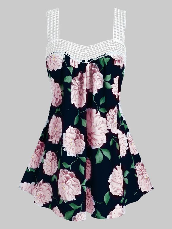 Débardeur à Bretelle au Crochet Fleur Imprimée sans Dos de Grande Taille - Noir 4X