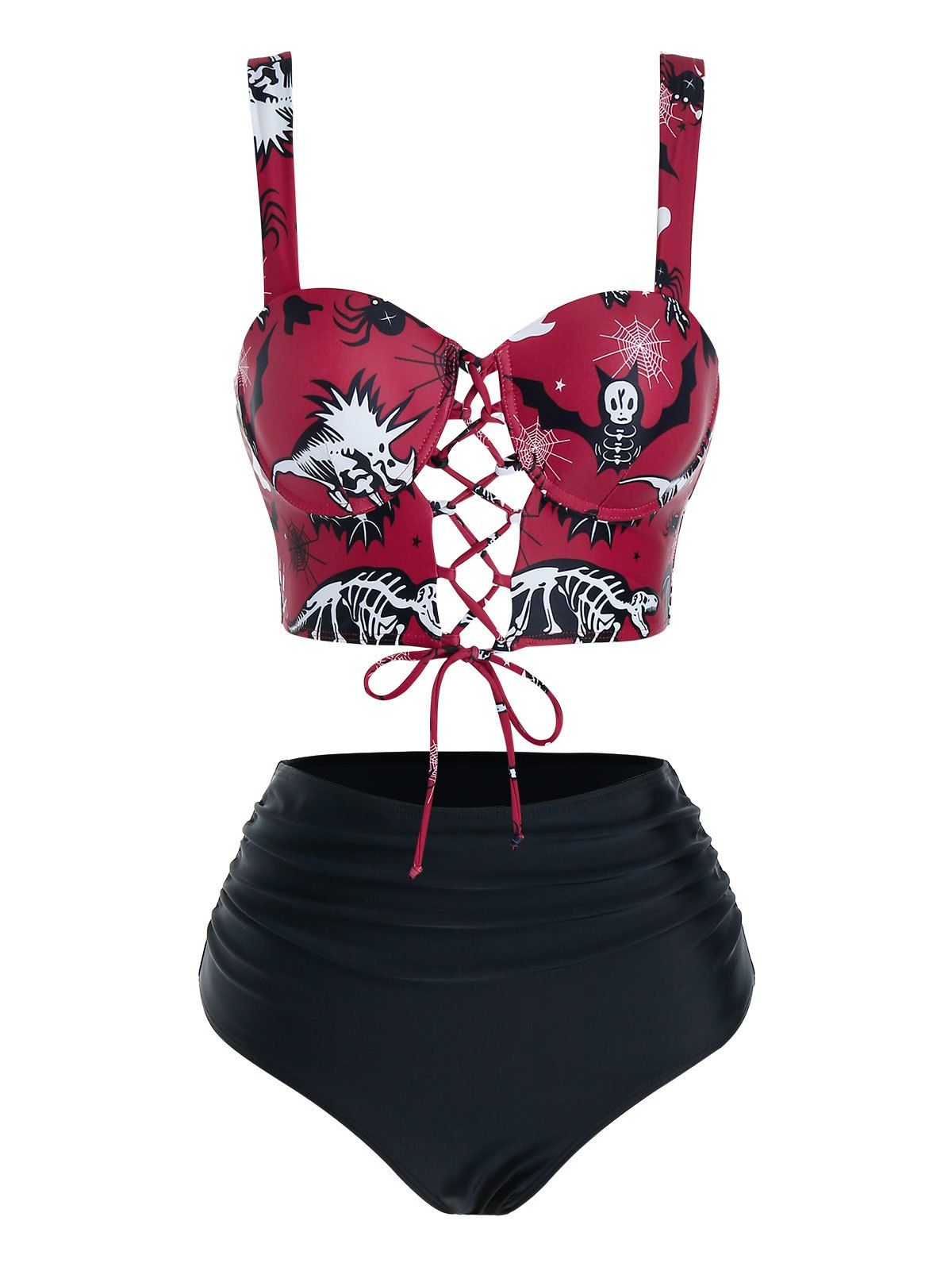 Bat Skeleton Print Lace Up High Waisted Tankini Swimwear - RED L