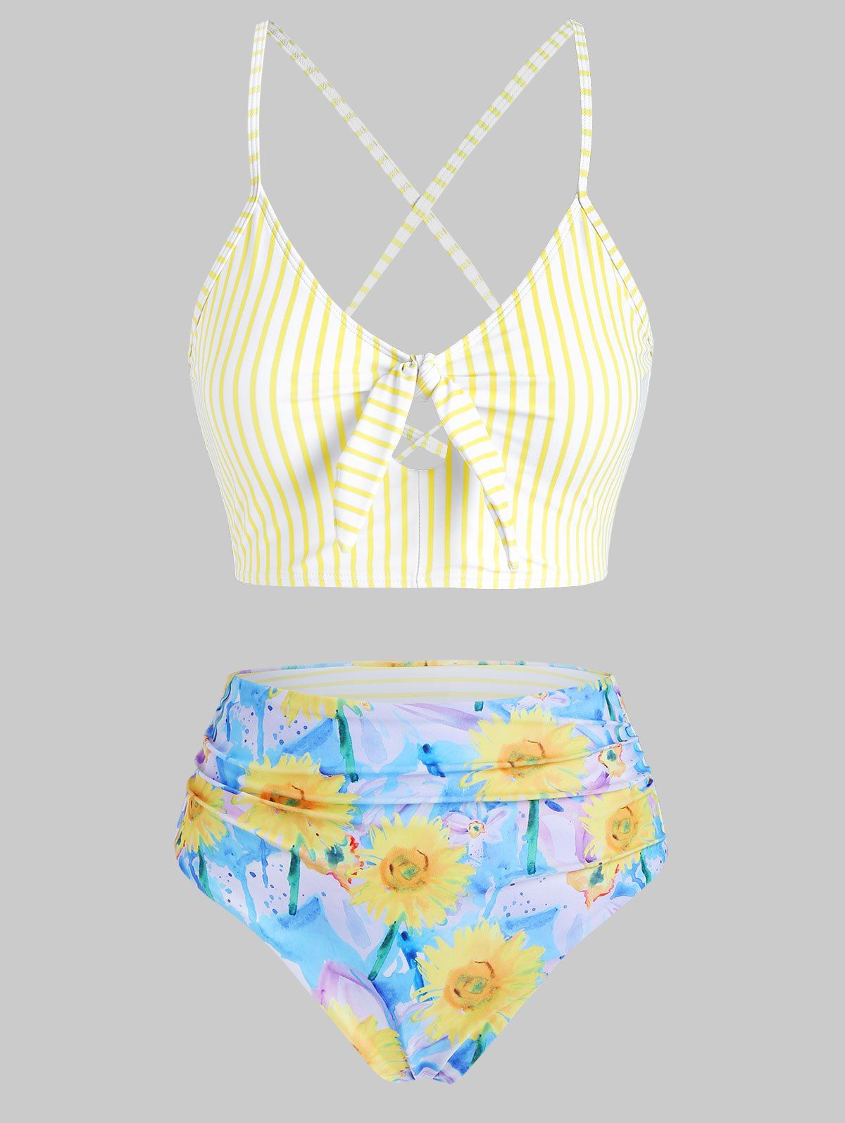 Vacation Swimsuit Striped Sunflower Crisscross Lace-up Cut Out Reversible Tankini Swimwear - YELLOW 2XL