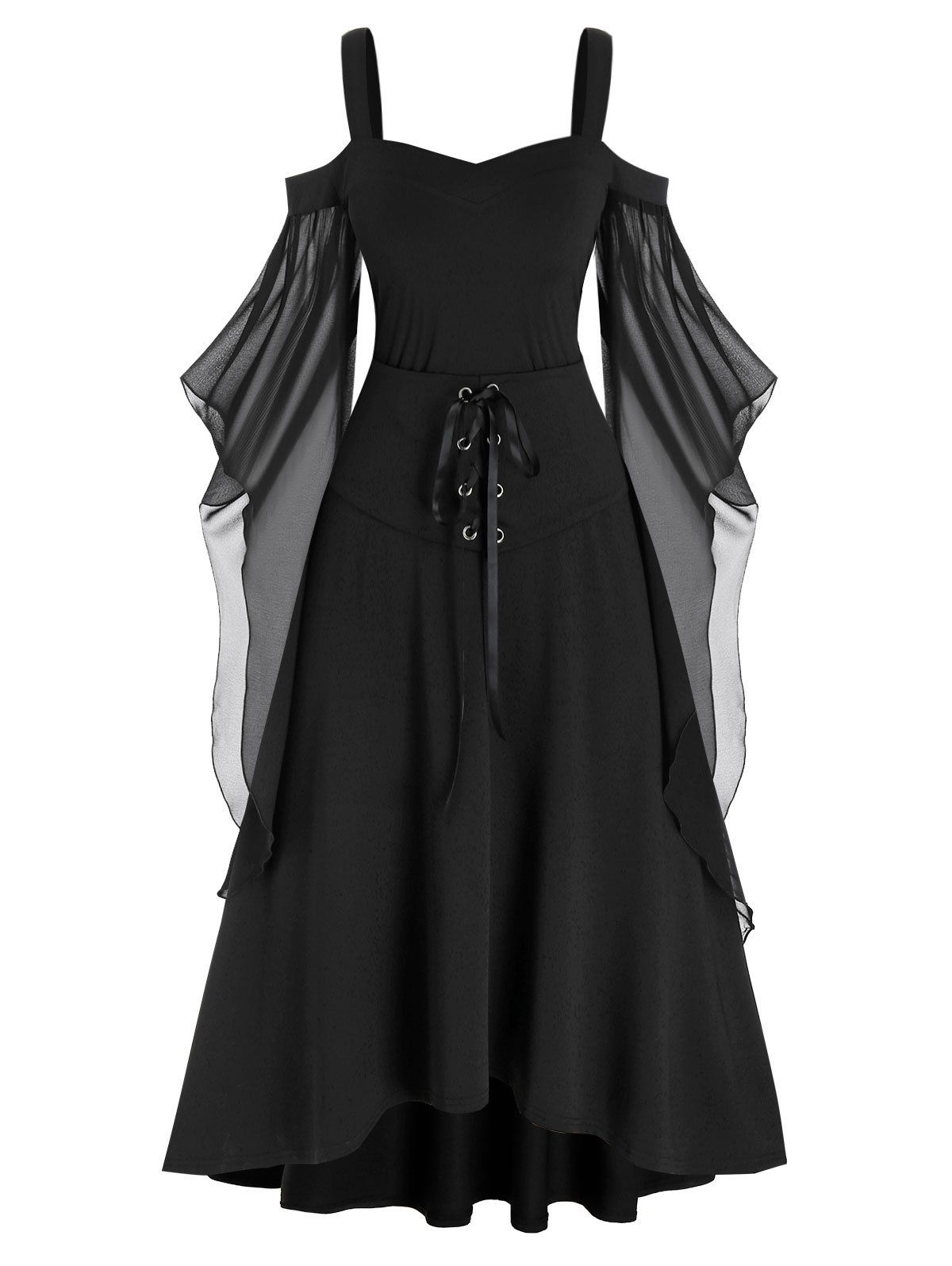 Plus Size Lace-up Open Shoulder Bell Sleeve Vintage Dress - BLACK 1X