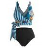 Striped Flower Swimsuit Full Coverage Surplice Knot Tankini Swimwear Set - BLUE XL