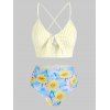 Vacation Swimsuit Striped Sunflower Crisscross Lace-up Cut Out Reversible Tankini Swimwear - YELLOW 2XL