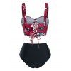 Bat Skeleton Print Lace Up High Waisted Tankini Swimwear - RED L