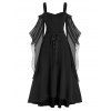 Plus Size Lace-up Open Shoulder Bell Sleeve Vintage Dress - BLACK 1X