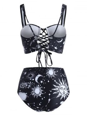 Sun Moon Star Print Lace Up Tummy Control Tankini Swimwear