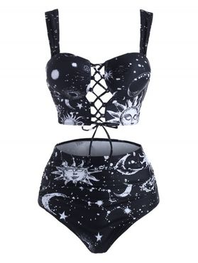 Vintage Swimsuit Sun Moon Star Print Lace Up Tummy Control Tankini Swimwear