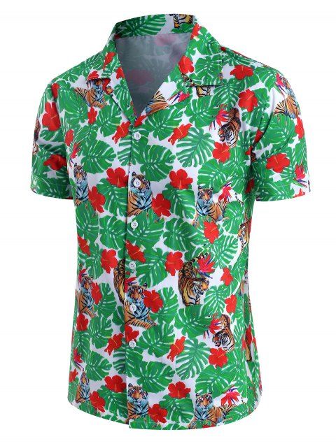 Tropical Leaf Tiger Print Beach Button Up Short Sleeve Shirt