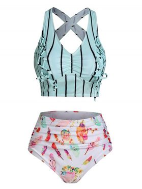 Vacation Feather Striped Print Swimsuit Lace-up Crisscross Padded Tankini Swimwear