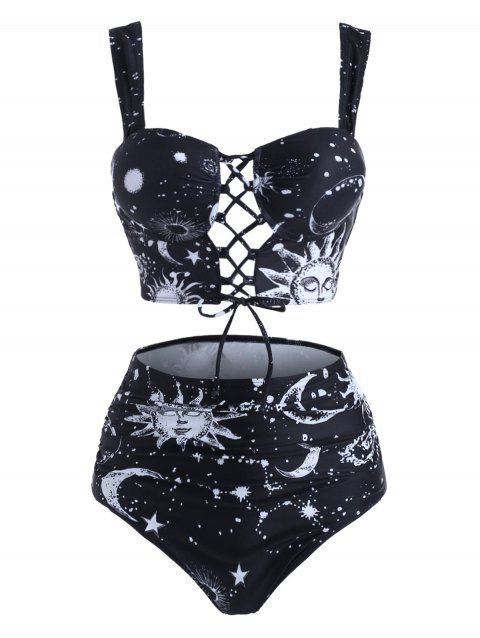 Vintage Tankini Swimsuit Sun Moon Star Print Bathing Suit Lace Up Summer Beach Tummy Control Swimwear