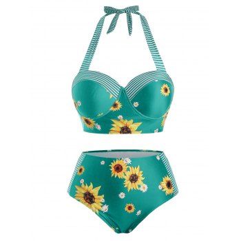 Women Plus Size Striped Sunflower Push Up Halter Tankini Swimwear Swimsuit Beachwear L Light green