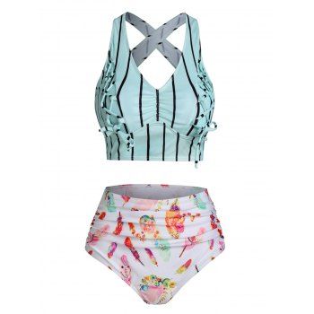 

Vacation Feather Striped Print Swimsuit Lace-up Crisscross Padded Tankini Swimwear, Light green
