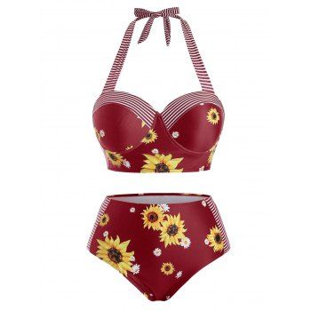 

Plus Size Striped Sunflower Push Up Halter Tankini Swimwear, Deep red