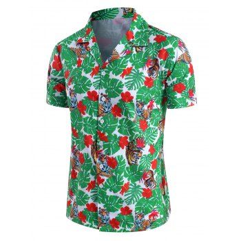 

Tropical Leaf Tiger Print Beach Button Up Short Sleeve Shirt, Multicolor