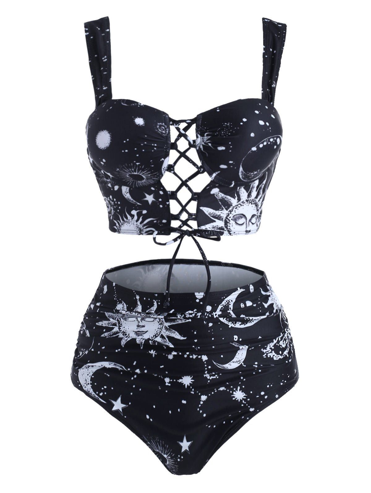 Vintage Tankini Swimsuit Sun Moon Star Print Bathing Suit Lace Up Summer Beach Tummy Control Swimwear - WHITE M