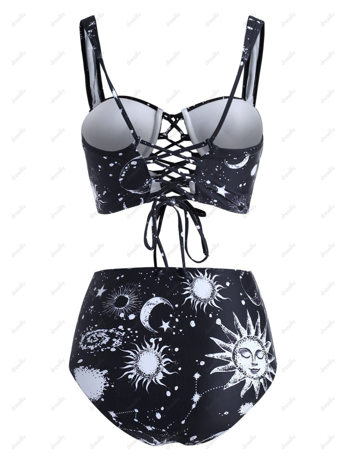 sun moon star print lace up tummy control tankini swimwear